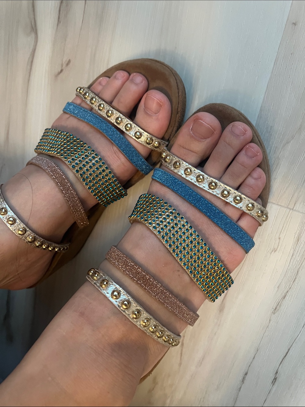 Beaded Multi-Strap Women's Sandals in Blue and Tan size 39